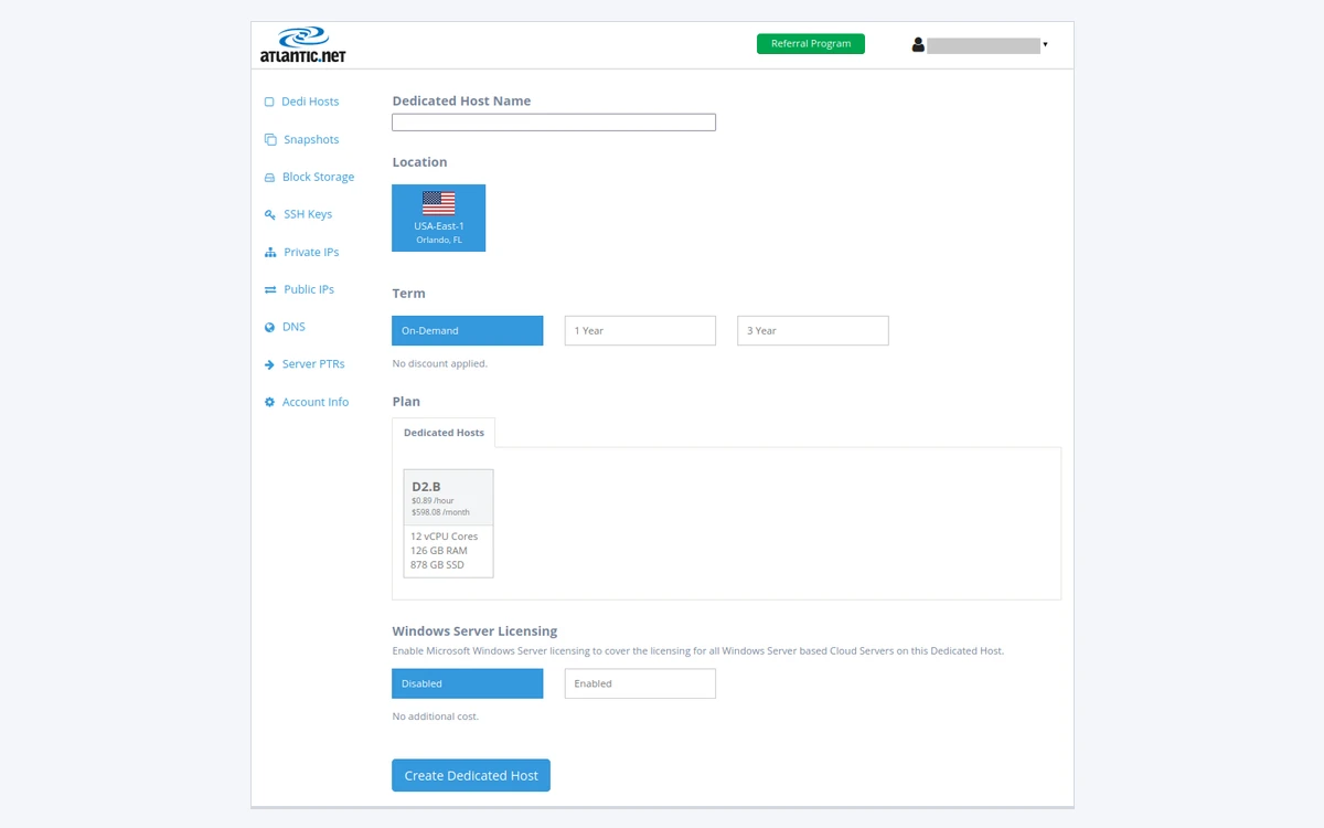 Atlantic.Net control panel Add Dedicated Host page with server configuration options
