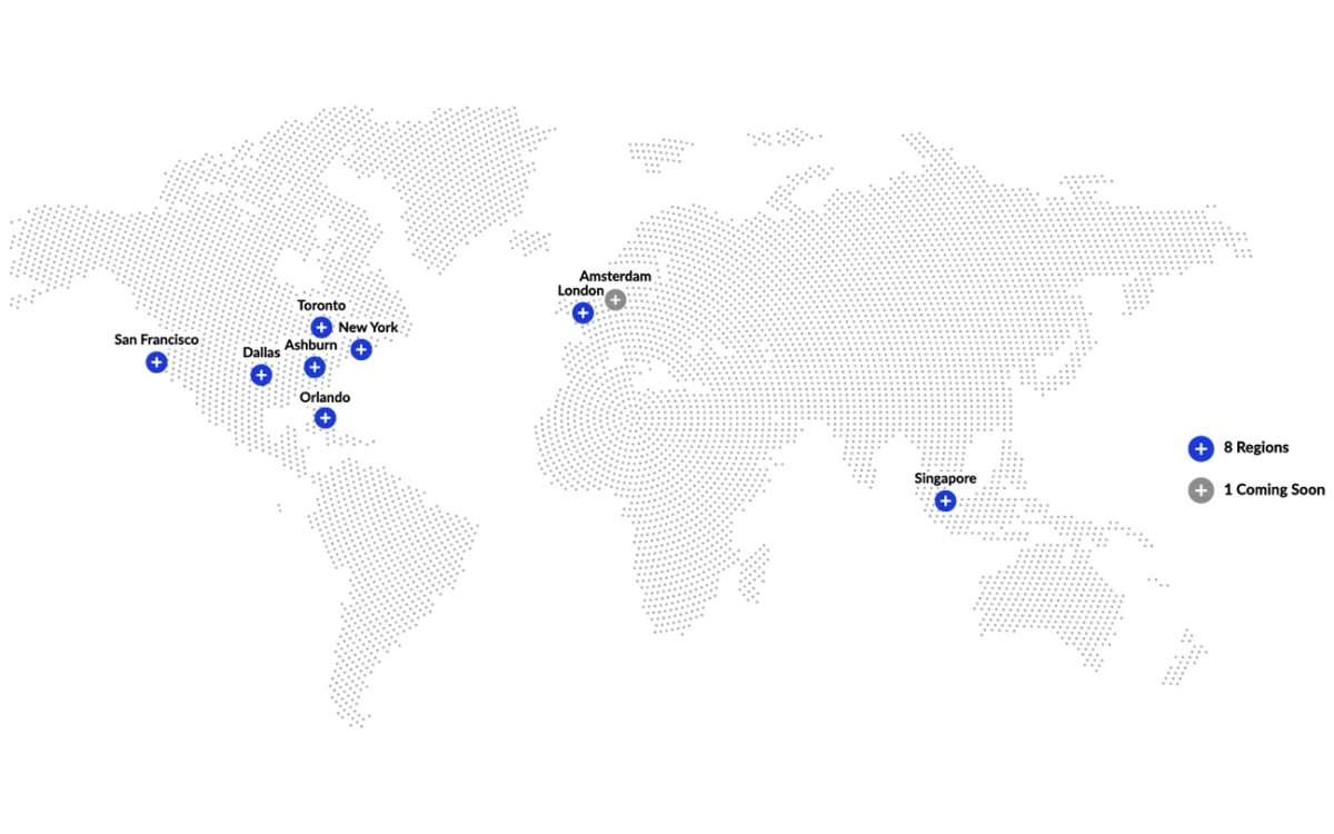 World map marking Atlantic.Net data center regions in North America, Europe and Asia
