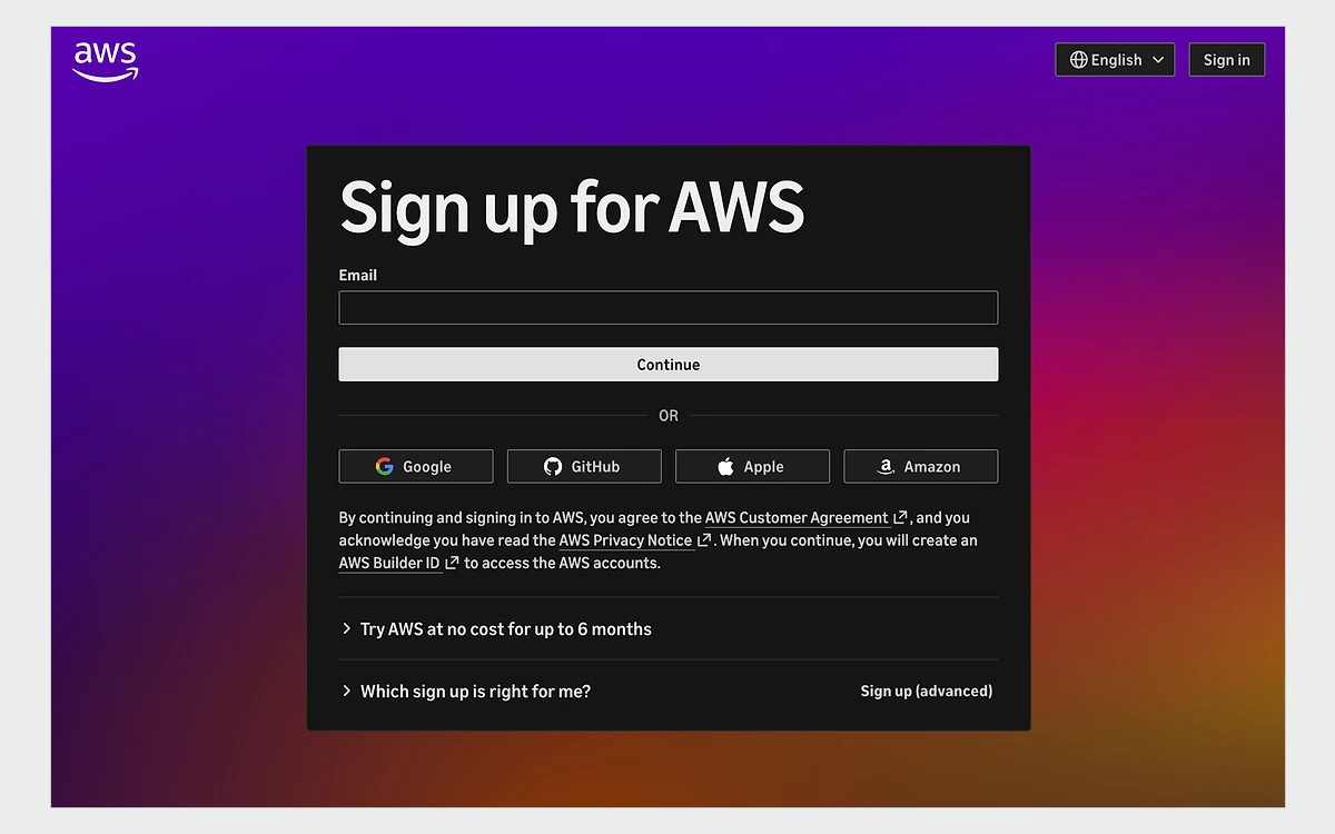 The 2026 AWS sign-up page with options to continue with email, Google, GitHub, Apple or Amazon
