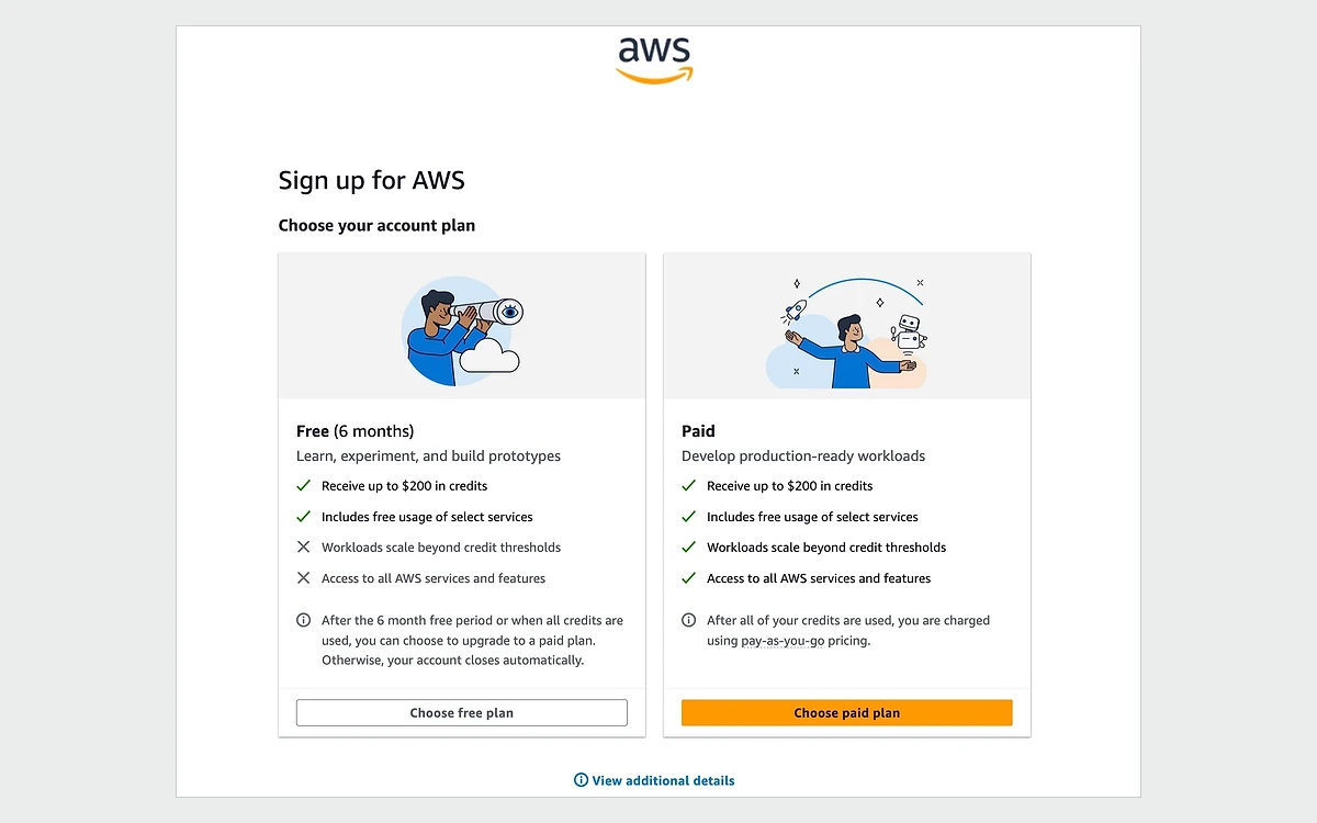 AWS sign-up screen asking the new customer to choose between the Free plan and the Paid plan