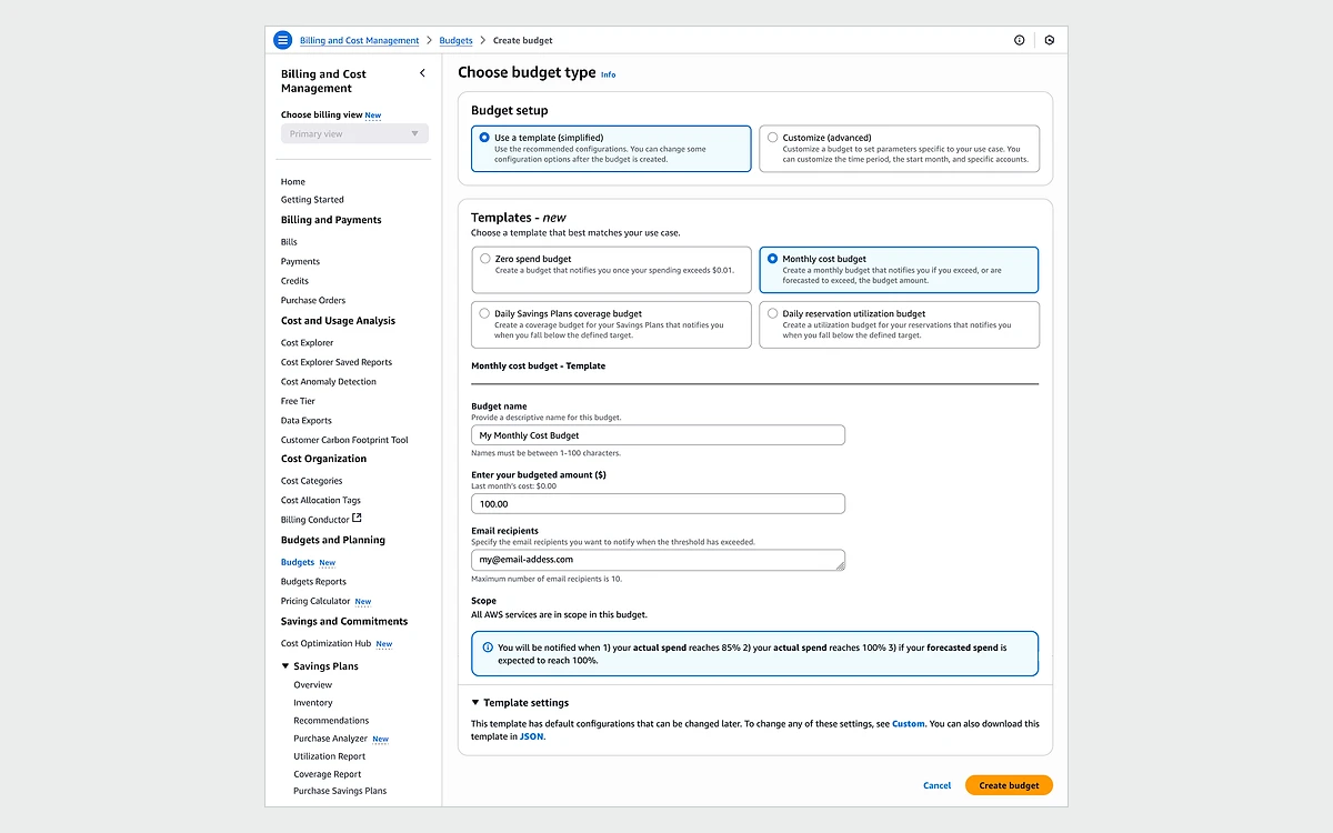 AWS Budgets setup screen using the simplified template to create a monthly cost budget
