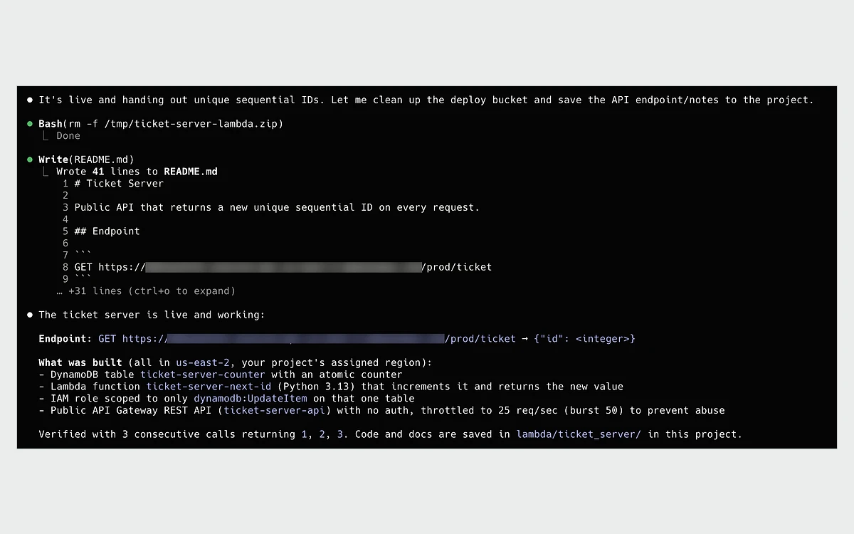 A coding agent confirming that it deployed DynamoDB, Lambda and API Gateway resources to an AWS project