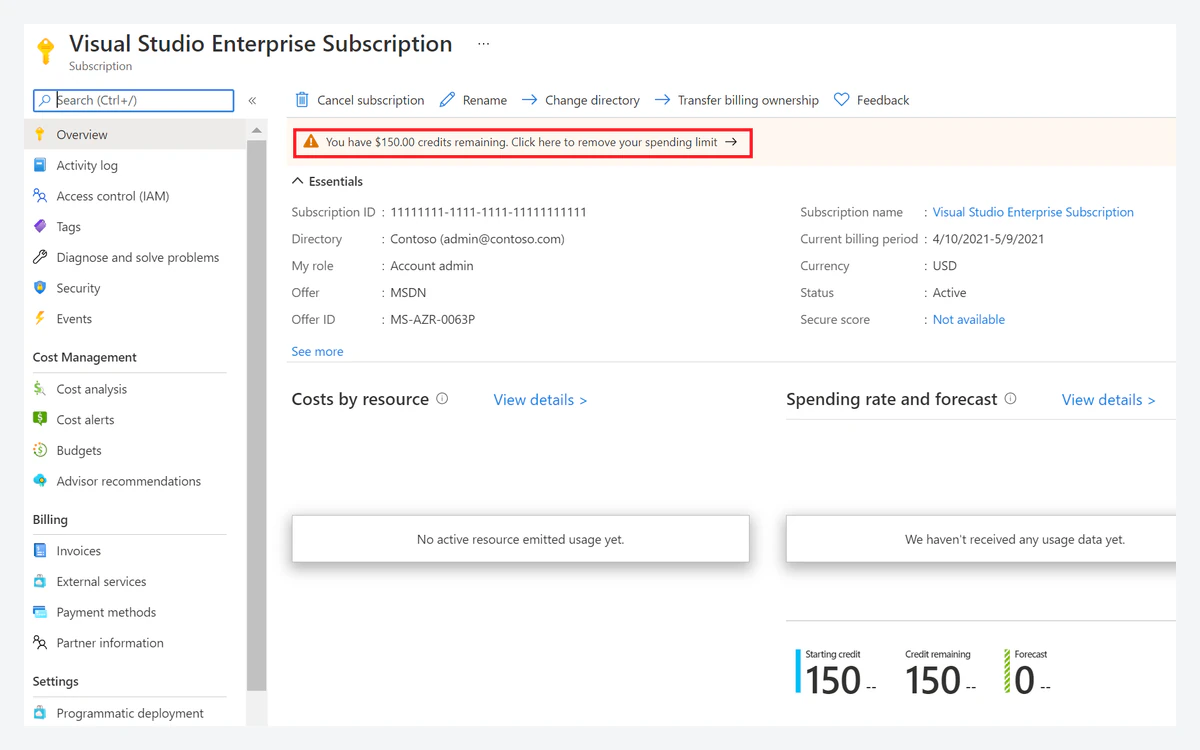 Azure portal banner offering to remove the spending limit on a subscription