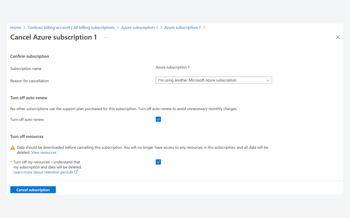 Azure portal Cancel subscription window with a cancellation reason, auto-renew and turn off resources options