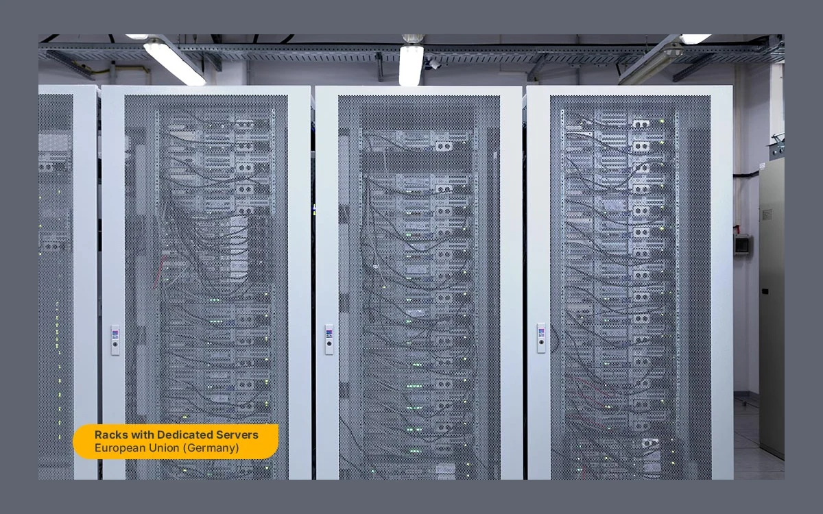 Three white racks of cabled dedicated servers labelled Racks with Dedicated Servers, European Union (Germany)