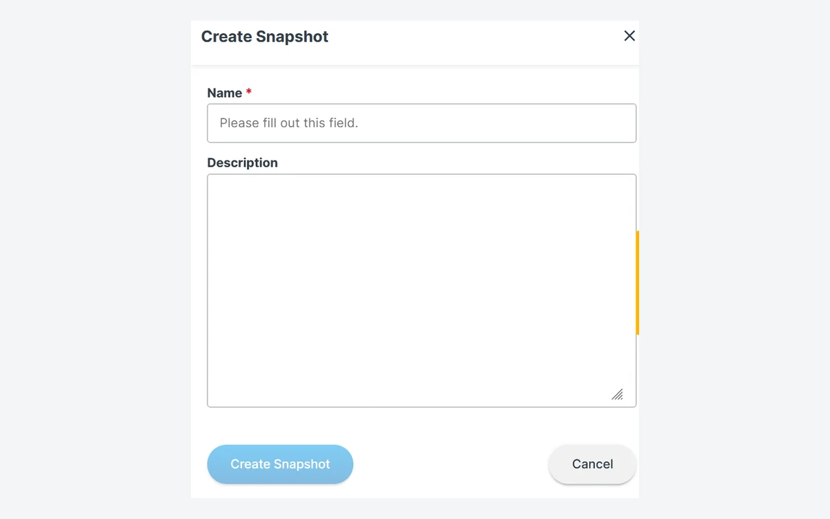 Contabo Customer Panel Create Snapshot dialog with a required Name field, a Description box and a Create Snapshot button