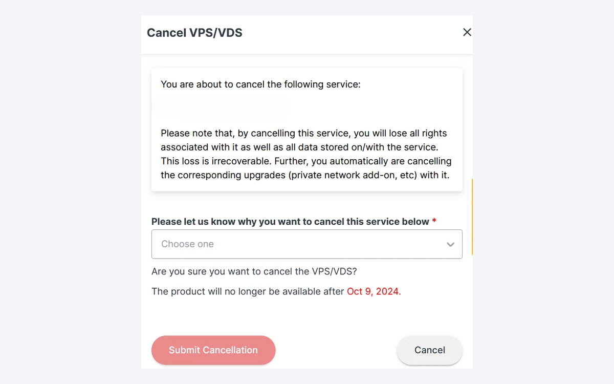 Contabo Customer Panel Cancel VPS/VDS dialog warning that all data on the service is lost, with a cancellation reason dropdown