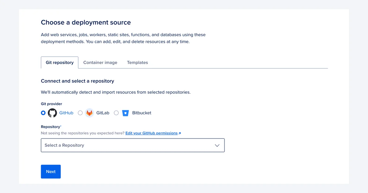 DigitalOcean App Platform Choose a deployment source screen with Git repository, Container image and Templates tabs and GitHub, GitLab and Bitbucket providers