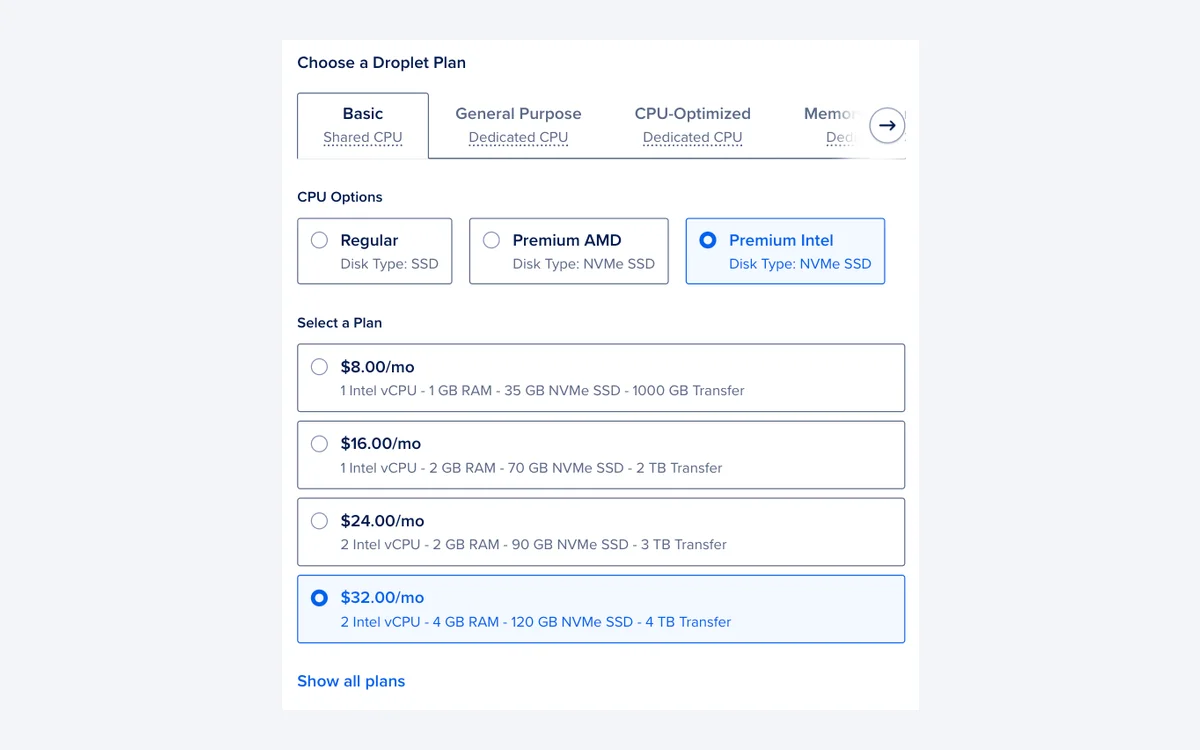 DigitalOcean Choose a Droplet Plan screen with Basic shared CPU selected, Regular, Premium AMD and Premium Intel options, and Premium Intel plans from $8 to $32 per month