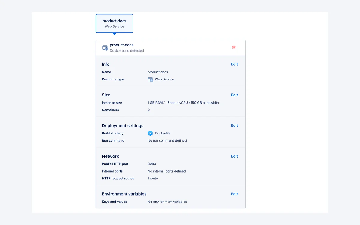 DigitalOcean App Platform configuration screen with options for resource size, instance count and environment variables