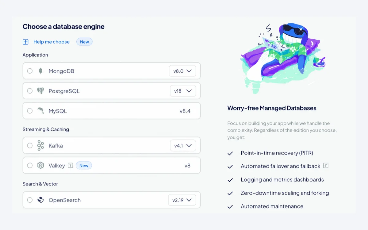 DigitalOcean managed database engine selector listing PostgreSQL, MySQL, Valkey, MongoDB, Kafka and OpenSearch