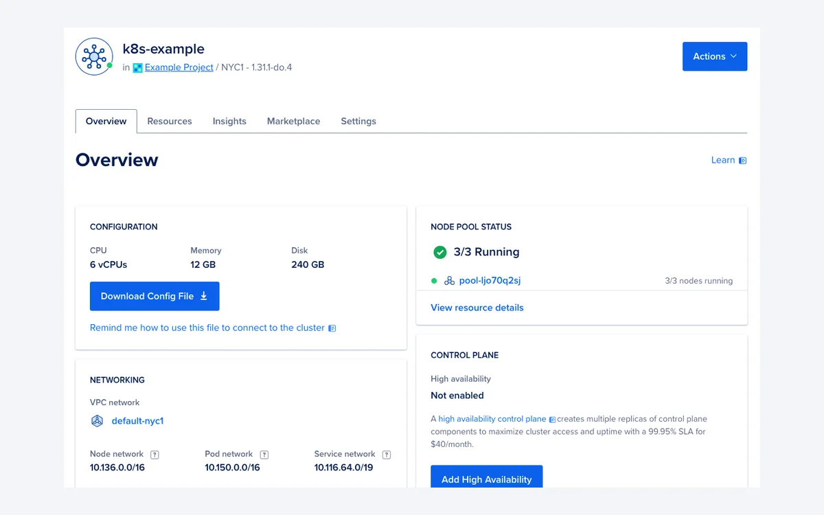 DigitalOcean Kubernetes cluster overview showing CPU, memory and disk totals, node pool status, networking and a control plane panel offering high availability for $40 per month