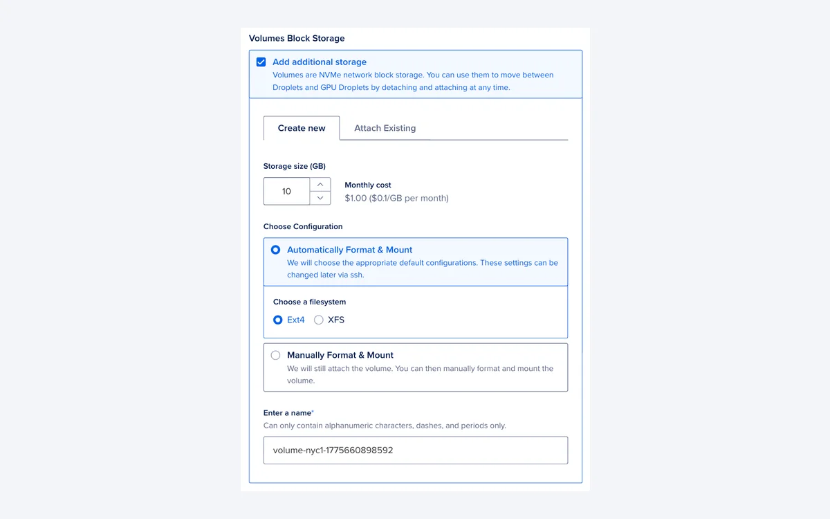 DigitalOcean Droplet create screen adding a 10 GB Volumes block storage disk with a monthly cost of $1.00 at $0.10 per GB