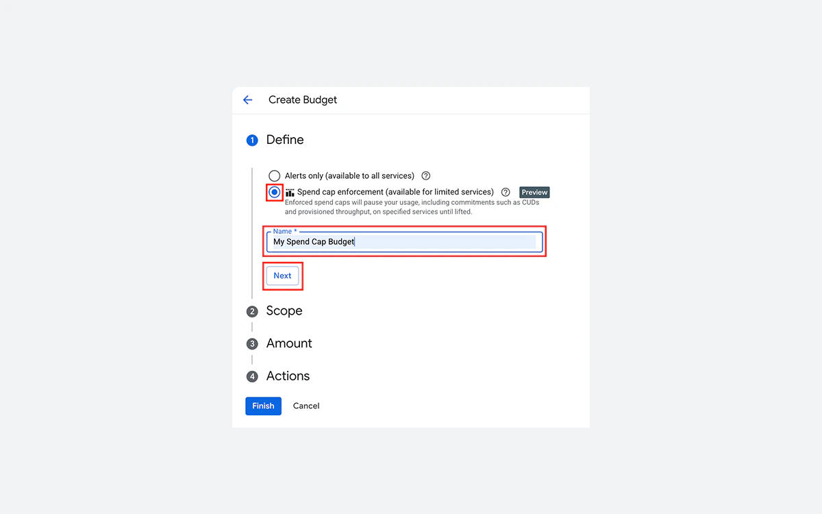 Create budget wizard in the Google Cloud console with the Spend cap enforcement option marked Preview