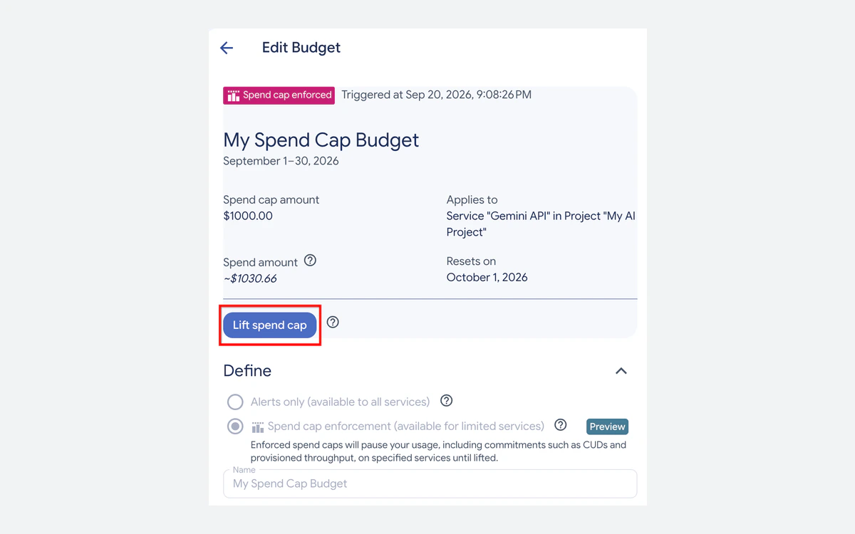 Edit budget screen showing an enforced spend cap and the Lift spend cap button