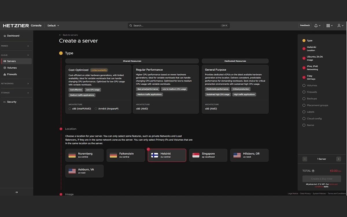 Hetzner Console create-server form showing Cost-Optimized marked Limited availability, Regular Performance and General Purpose types, and six locations