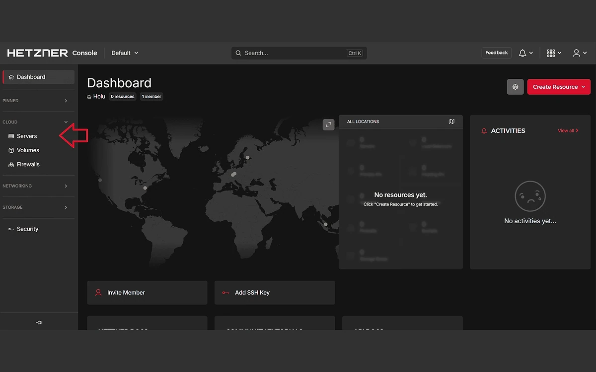 Hetzner Console dashboard with the Cloud menu open and an arrow pointing to Servers