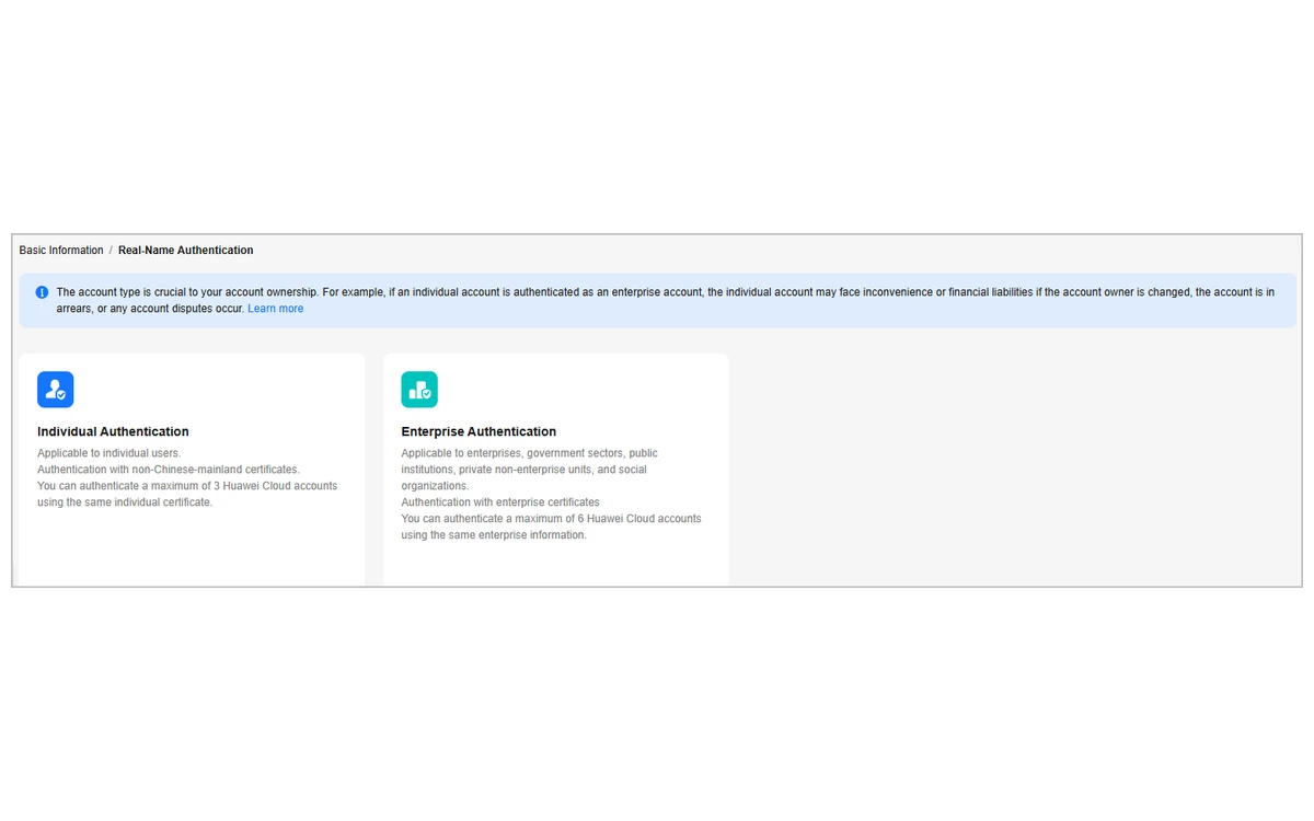 Huawei Cloud console Real-Name Authentication page with Individual Authentication and Enterprise Authentication options