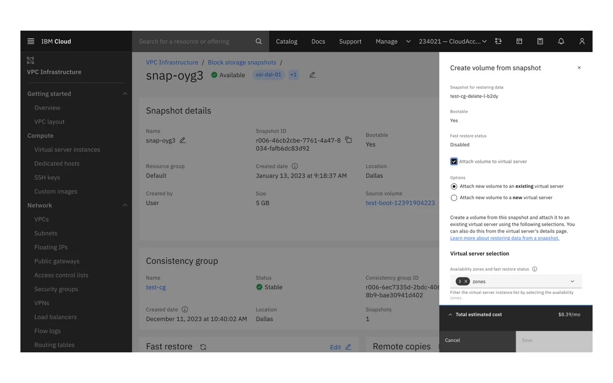 IBM Cloud console creating a block storage volume from a snapshot, with a total estimated cost panel