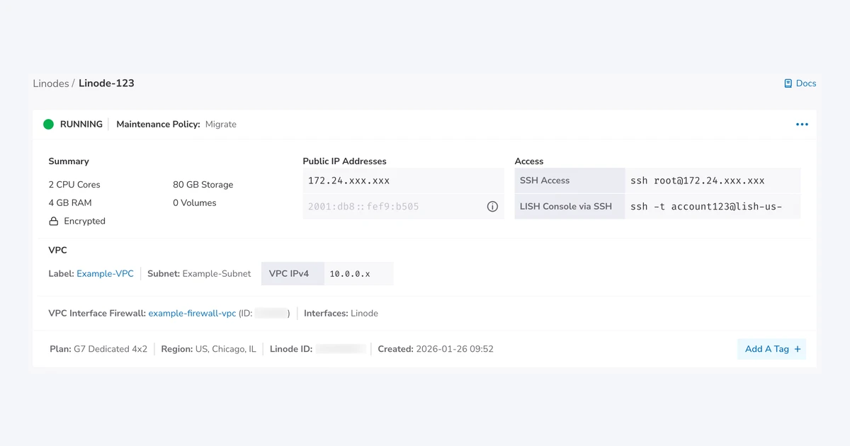 Akamai Cloud Manager page for a running Linode with 2 CPU cores, 4 GB RAM and 80 GB storage on a G7 Dedicated 4x2 plan in Chicago