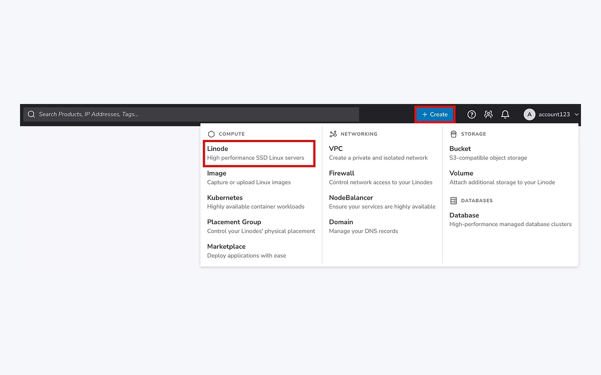 Akamai Cloud Manager with the Create menu open, listing Linode, Compute, Networking, Storage and Databases