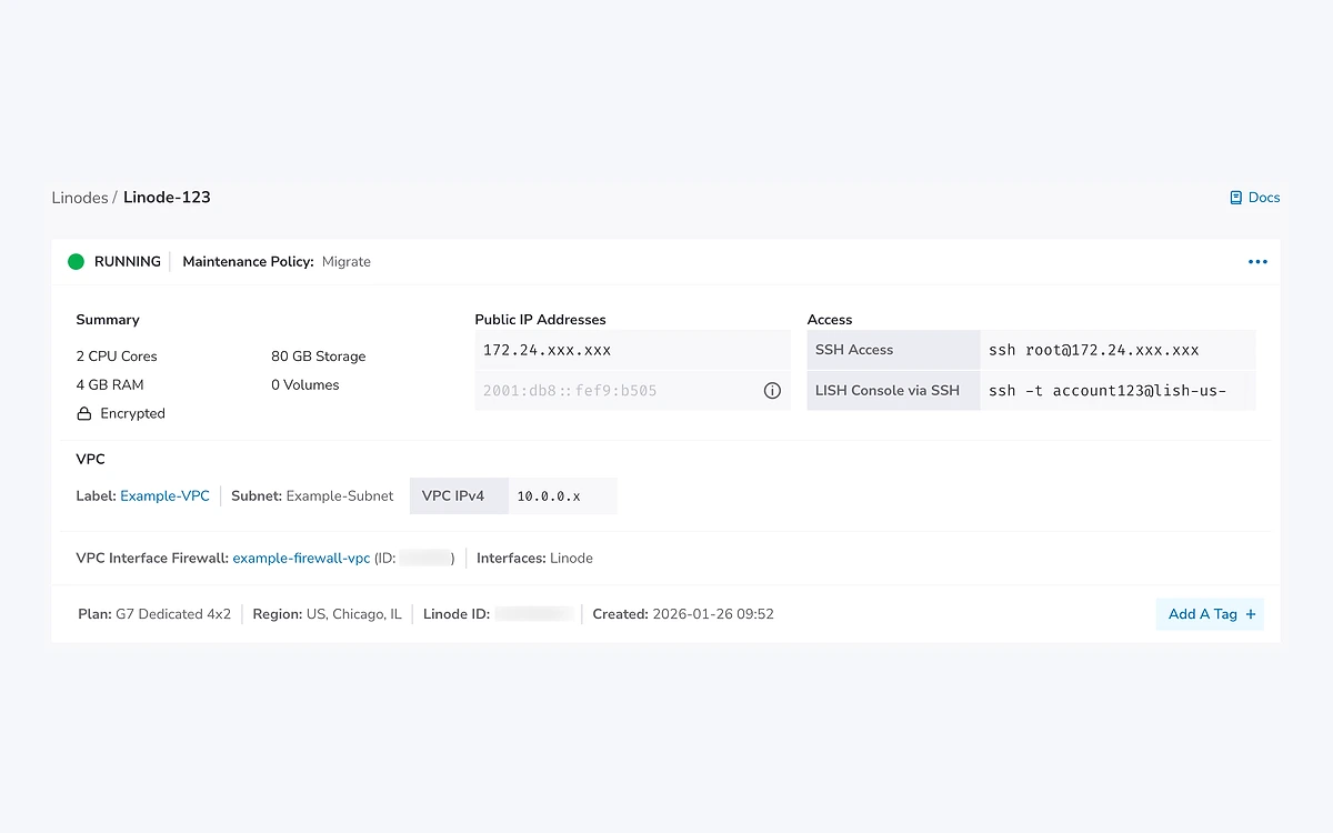 Linode detail page in Cloud Manager showing a running G7 Dedicated 4x2 instance with 2 CPU cores, 4 GB RAM and 80 GB storage in Chicago