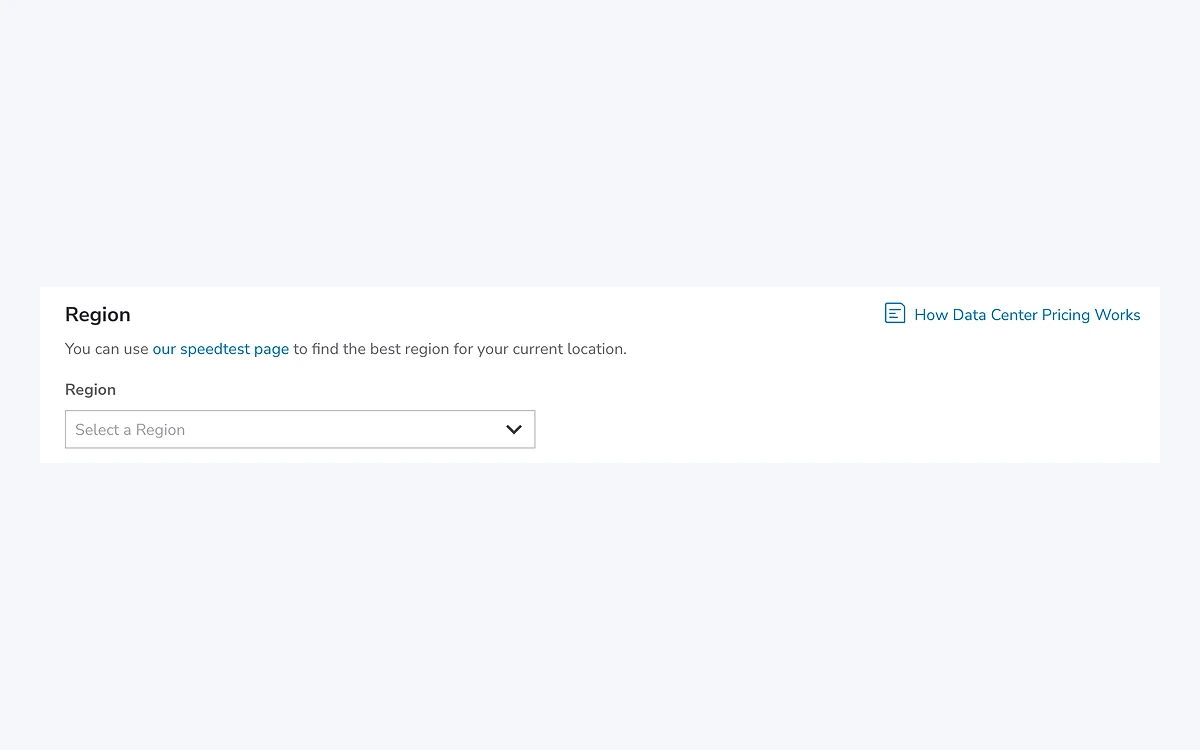 Region section of the Create Linode form in Akamai Cloud Manager, with a Select a Region dropdown and a How Data Center Pricing Works link