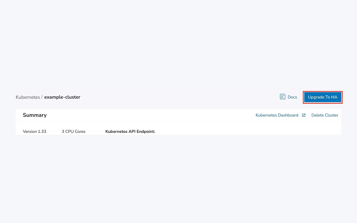 LKE cluster summary page in Akamai Cloud Manager with the Upgrade To HA button highlighted