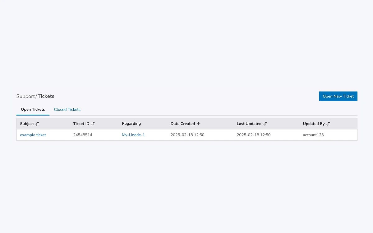 Support tickets page in Akamai Cloud Manager