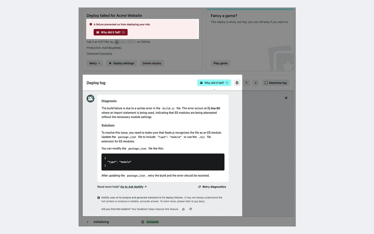Netlify deploy log for a failed deploy with an AI explanation of why the build failed