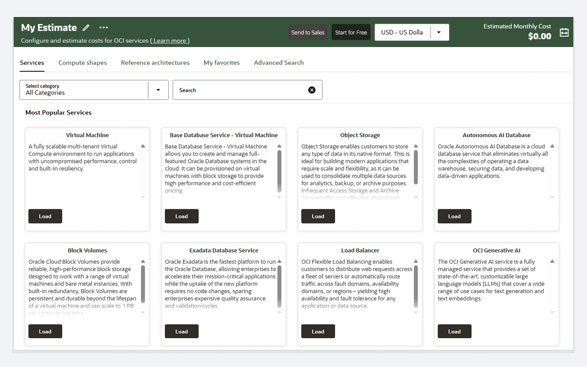 Oracle Cloud Cost Estimator screen showing an estimated monthly cost of $0.00 with cards for virtual machines, Object Storage, Autonomous AI Database, Block Volumes and Load Balancer