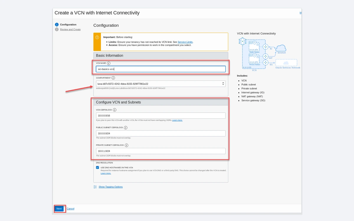 OCI console wizard titled Create a VCN with Internet Connectivity, showing a network diagram with public and private subnets and gateways