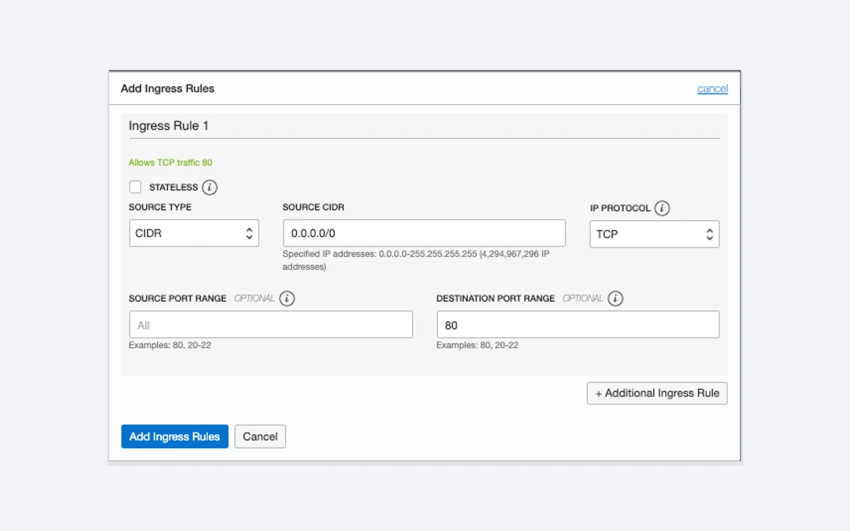 OCI console dialog Add Ingress Rules with fields for source CIDR, IP protocol and destination port range