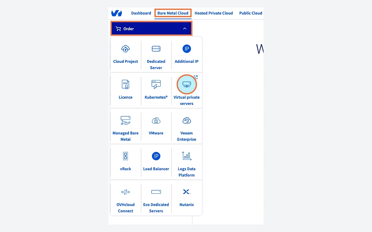 OVHcloud Control Panel Order menu with Virtual private servers highlighted among products such as Dedicated Server, Kubernetes and Eco Dedicated Servers
