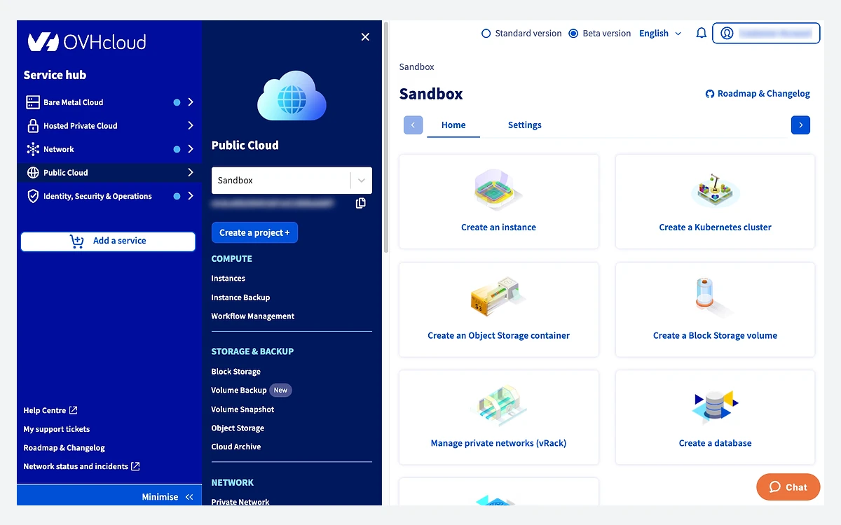 OVHcloud Control Panel showing a Public Cloud project home with tiles for instances, Kubernetes, Object Storage and Block Storage