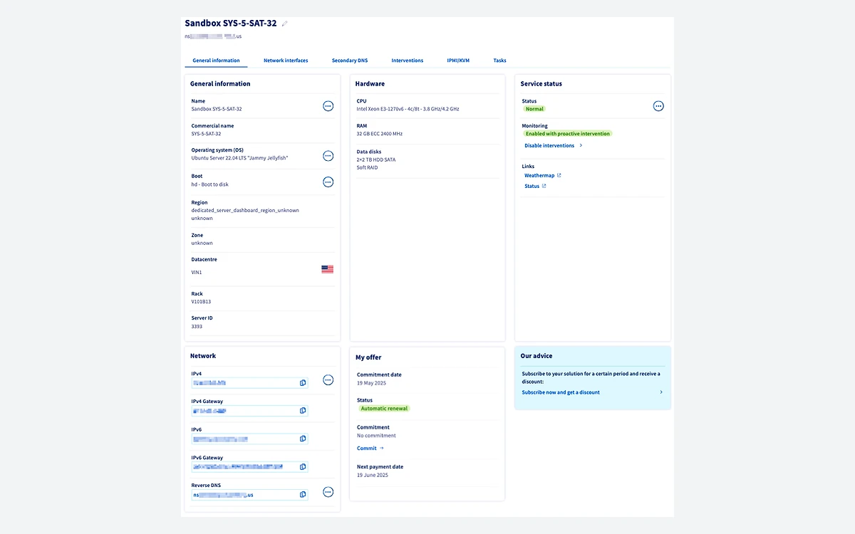 OVHcloud dashboard for an Eco dedicated server with a Xeon E3-1270v6, 32 GB ECC RAM and 2x2 TB HDDs, showing service status and offer details