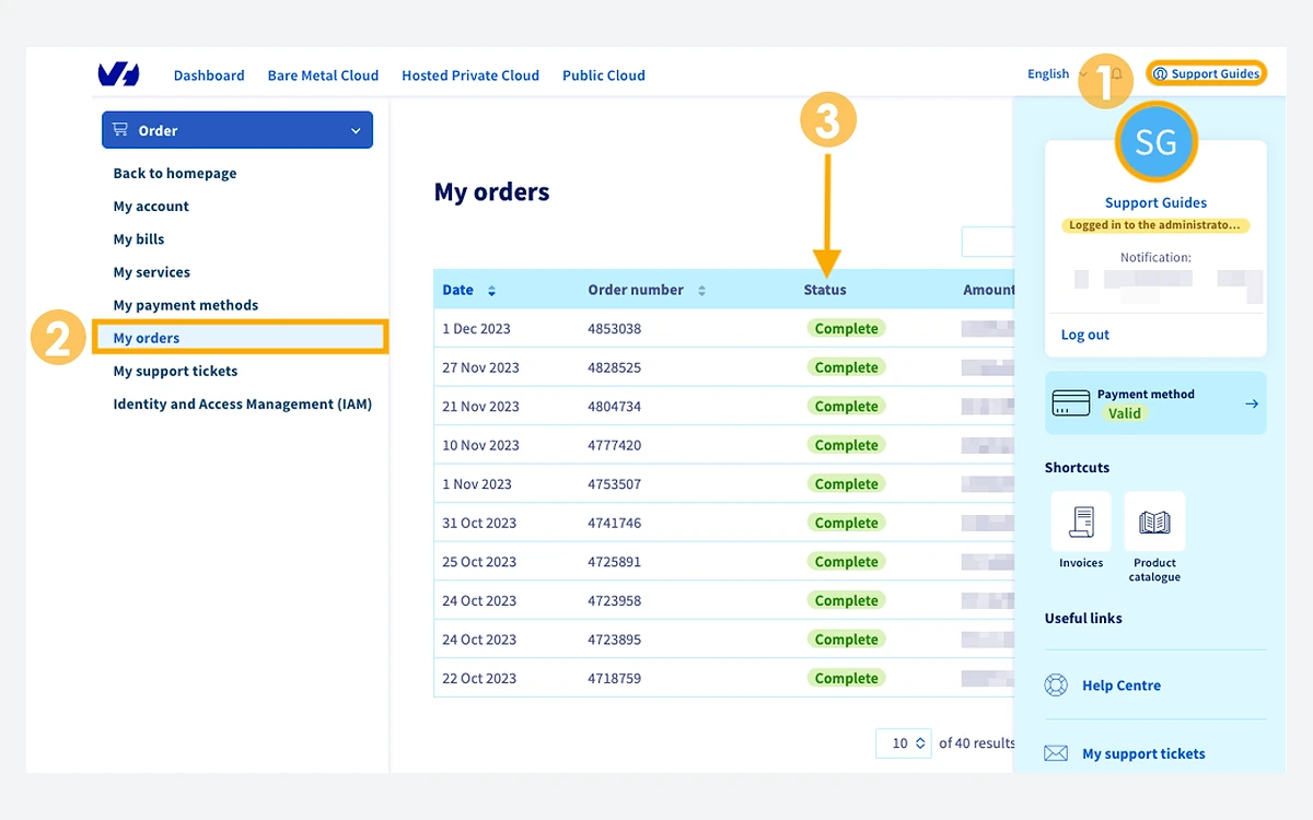 OVHcloud Control Panel My orders table listing orders with Complete statuses