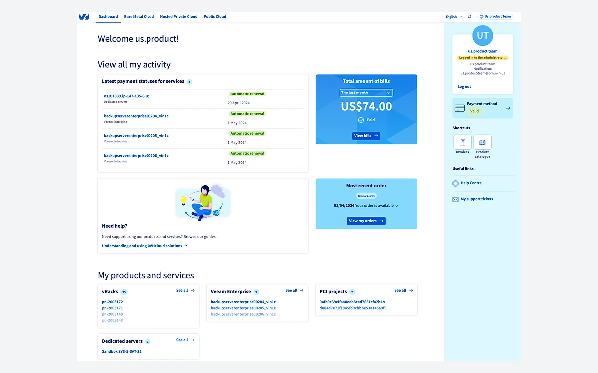 OVHcloud Control Panel dashboard with payment status, bill total and product list