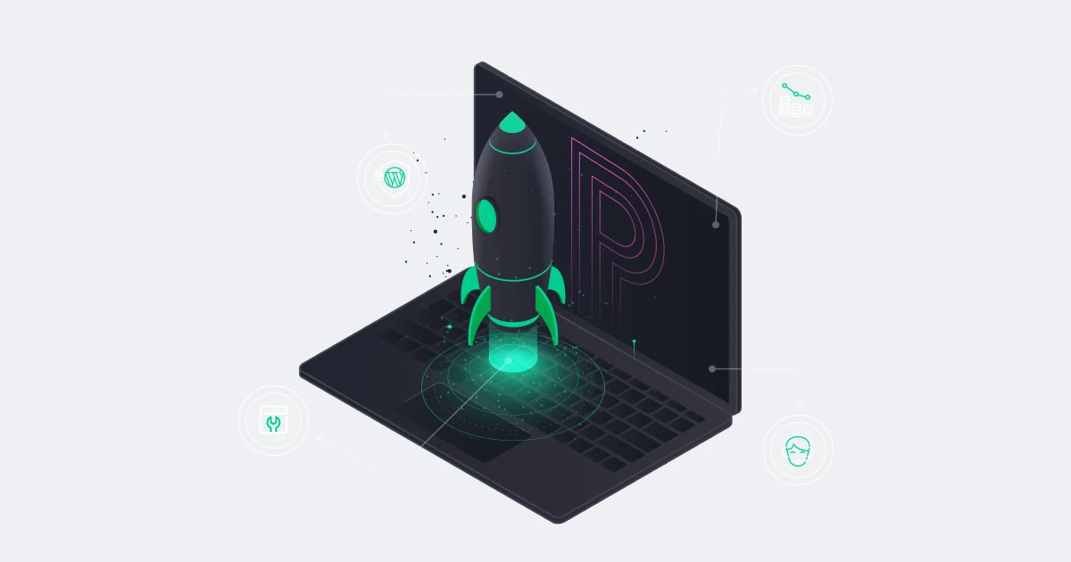 Pagely illustration of a rocket launching from a laptop, used on its pricing page