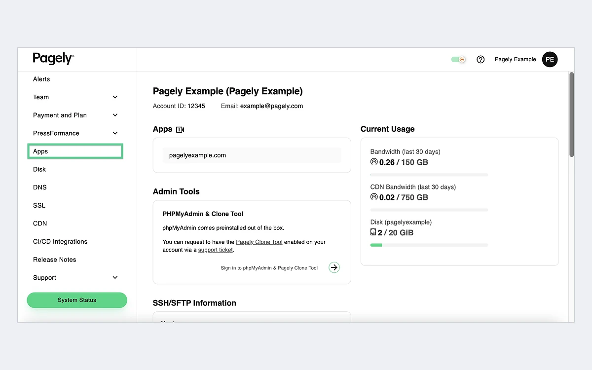 Pagely Atomic dashboard home with the Apps menu highlighted, an apps list and a current usage panel for bandwidth, CDN and disk