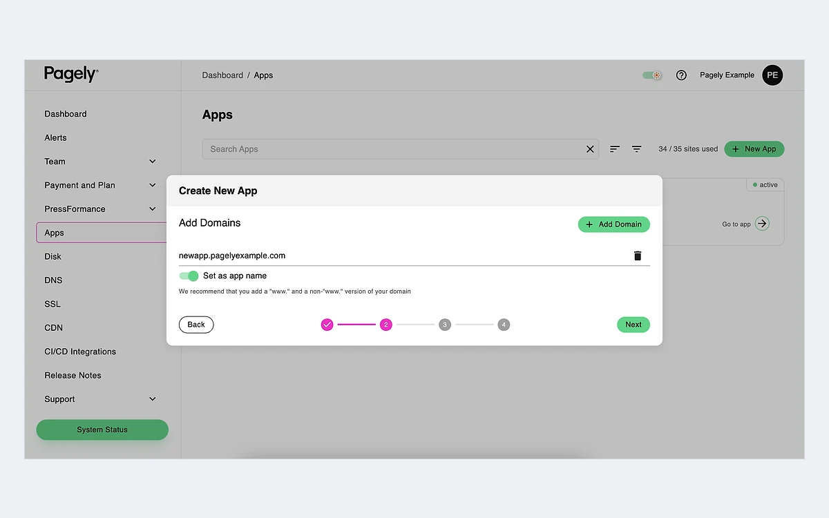 Pagely Atomic Create New App dialog at the Add Domains step, with a domain entered and a 34 of 35 sites used counter behind it