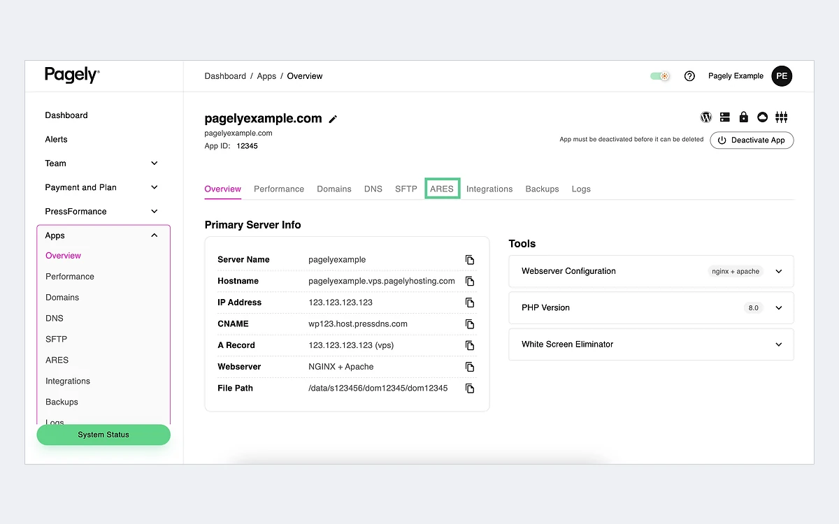 Pagely Atomic app overview page showing primary server info, an NGINX plus Apache web server and PHP version 8.0