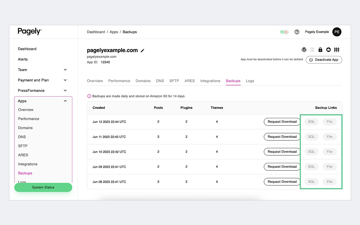 Pagely Atomic Backups tab listing five daily backups, each with a Request Download button and SQL and File backup links