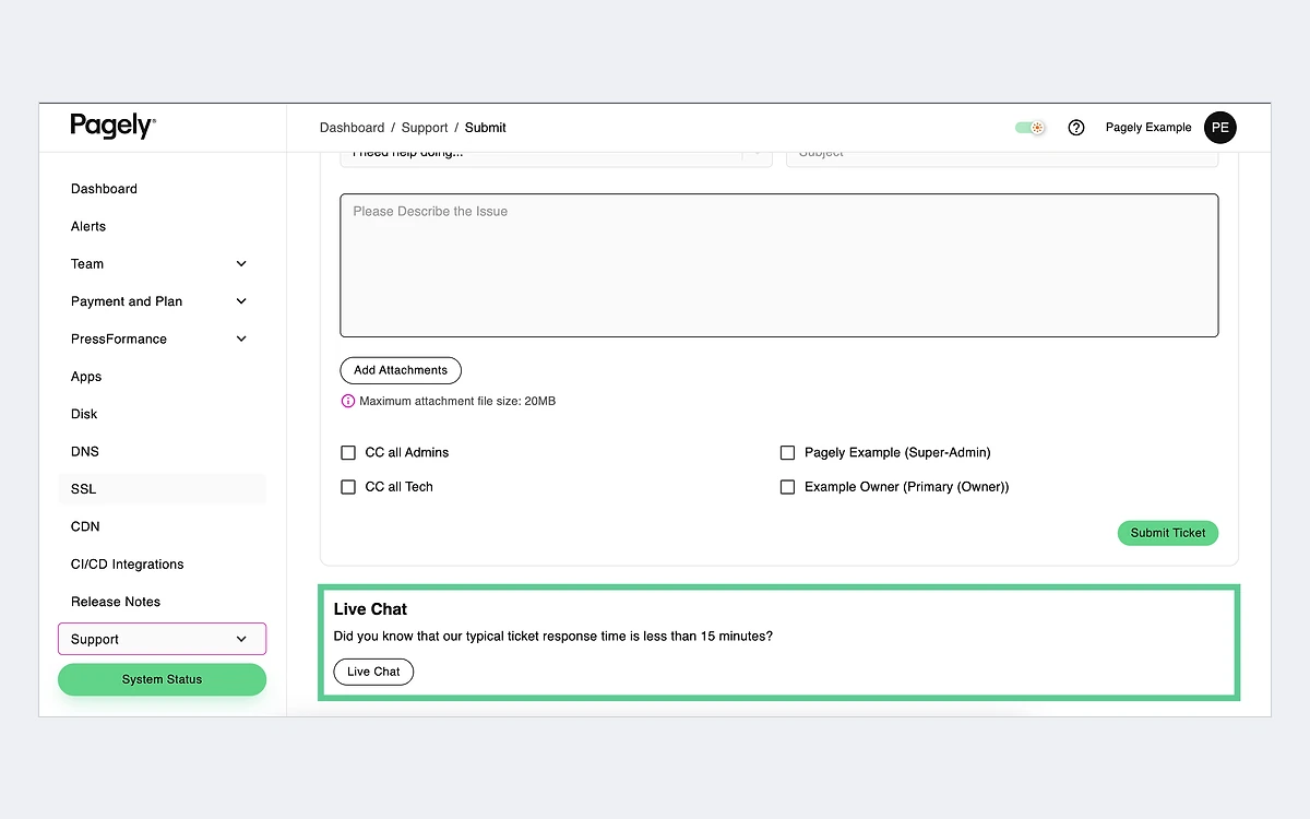 Pagely Atomic Submit Ticket form with a Live Chat box beside it