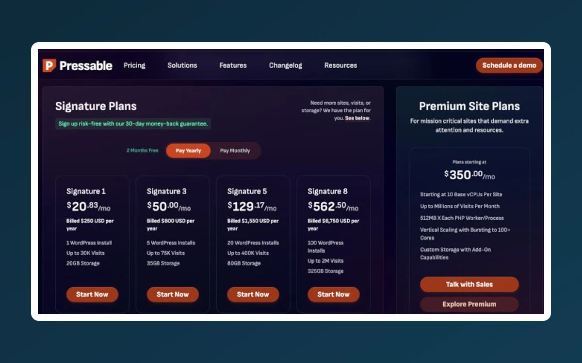 Pressable Signature pricing page showing install-based plans