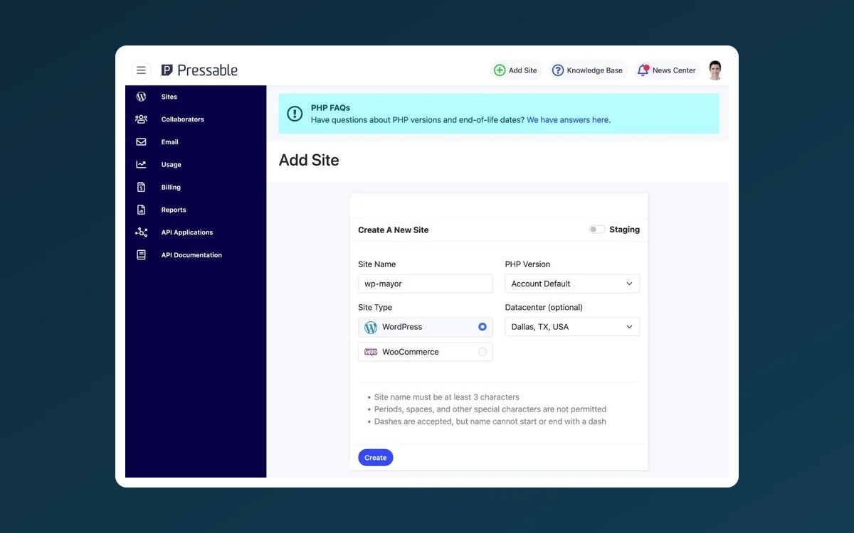 Pressable dashboard listing multiple managed WordPress sites