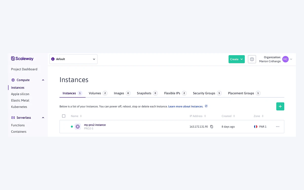 Scaleway console Instances page listing one PRO2-S instance in the PAR 1 zone, with tabs for volumes, images, snapshots, flexible IPs and security groups