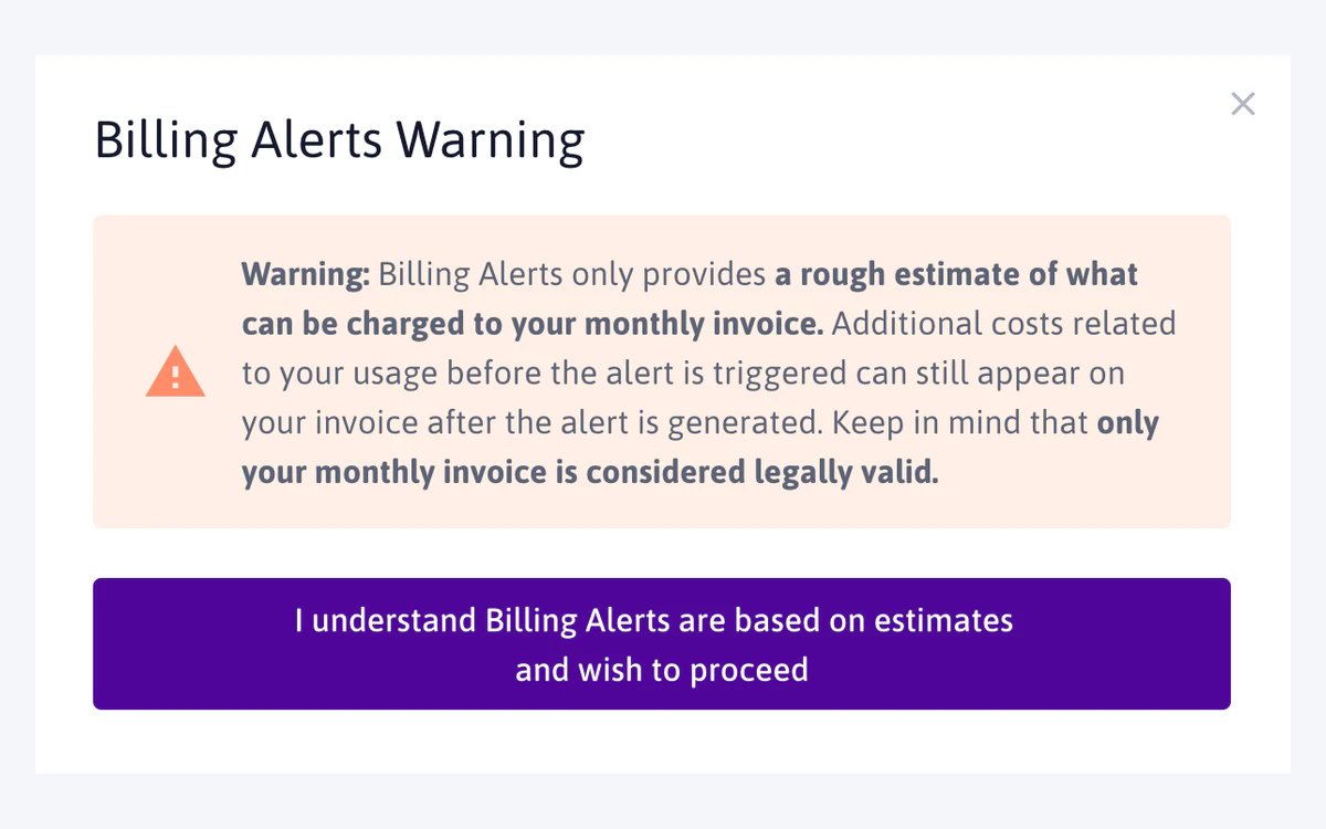 Scaleway Billing Alerts warning dialog stating that alerts are a rough estimate and only the monthly invoice is legally valid