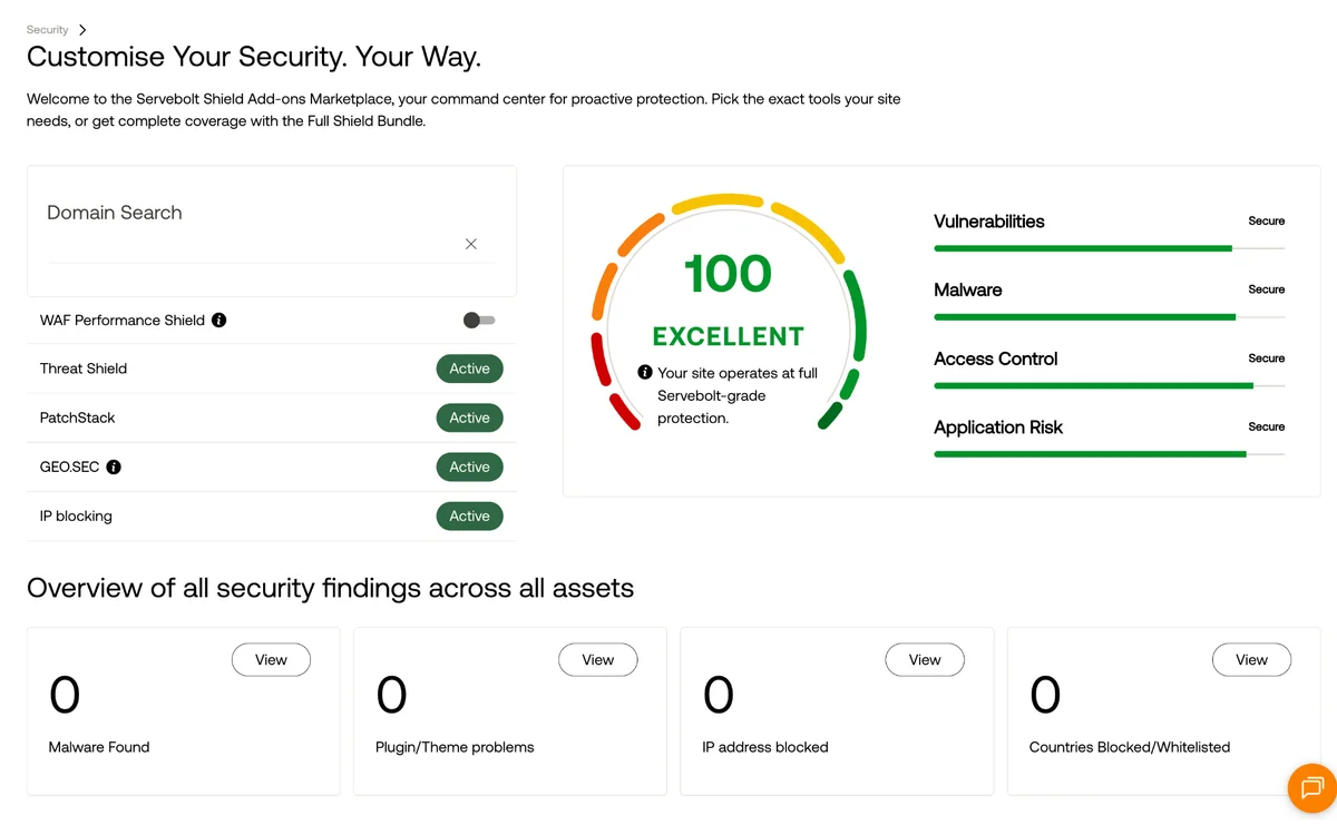 Servebolt Shield security dashboard in the admin panel