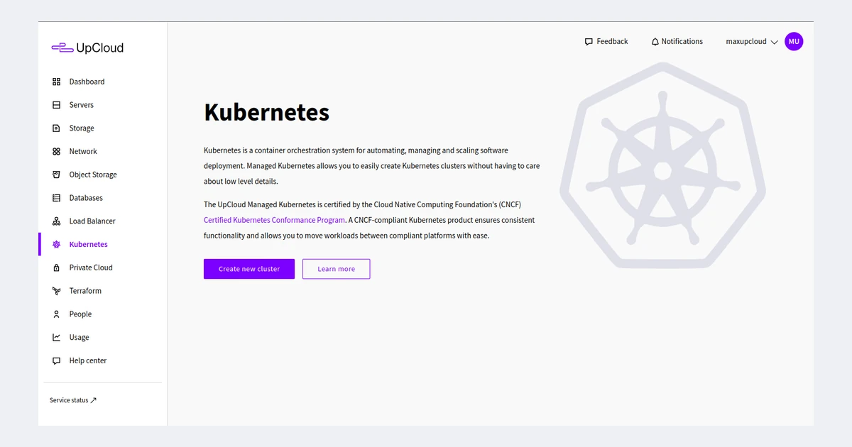 UpCloud control panel showing the Kubernetes page and the left navigation menu